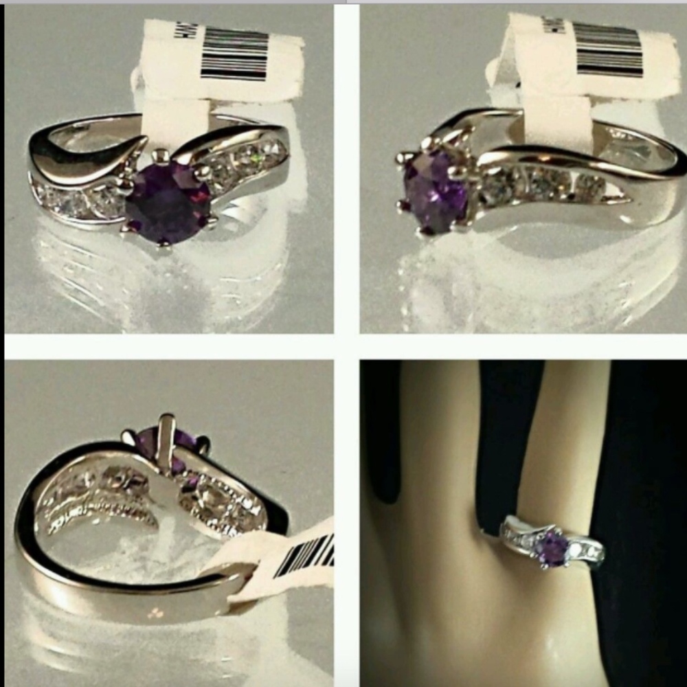 Silver Tone Cocktail Ring Size 5 purple Birthstone February cubic zirconia *
